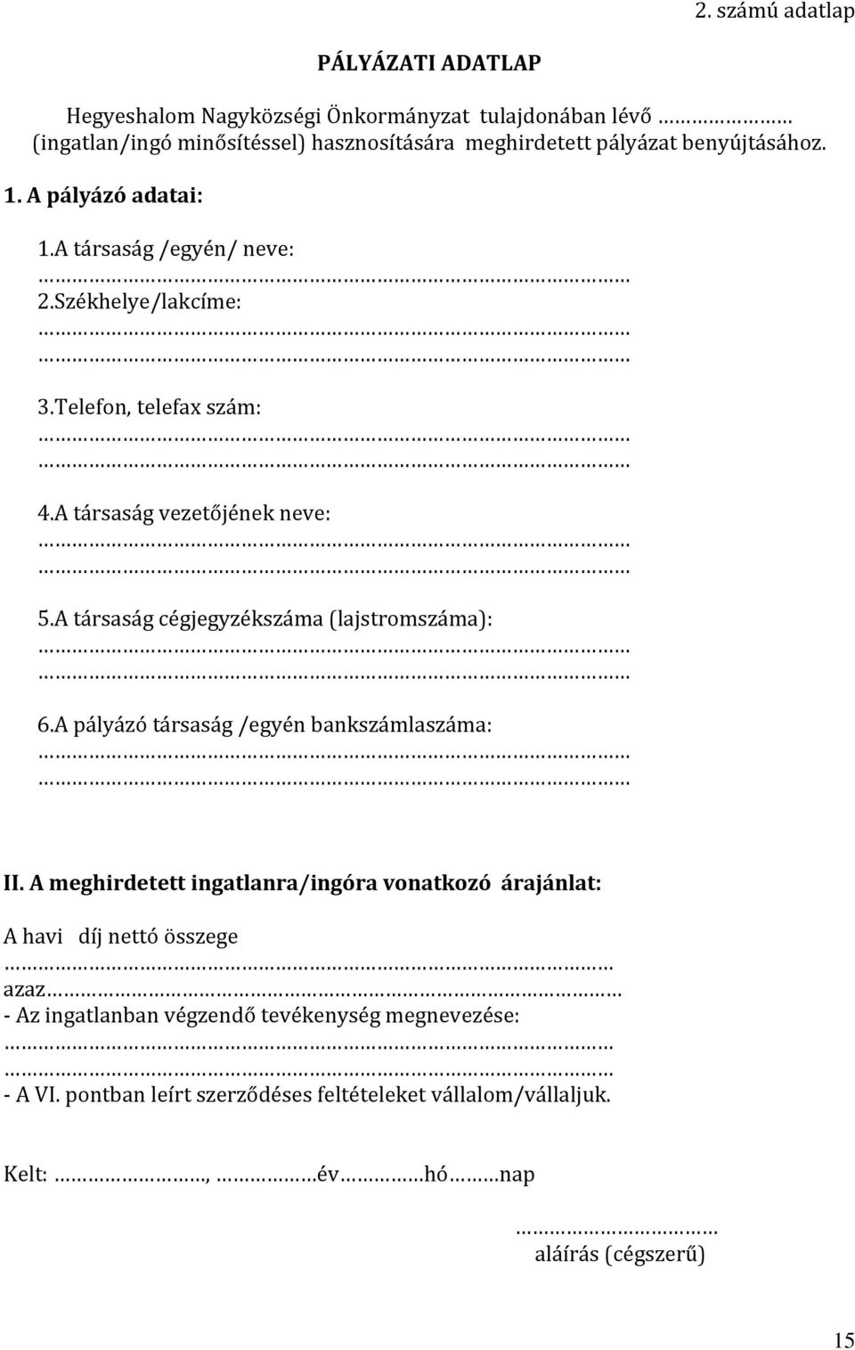 A társaság cégjegyzékszáma (lajstromszáma): 6.A pályázó társaság /egyén bankszámlaszáma: II.