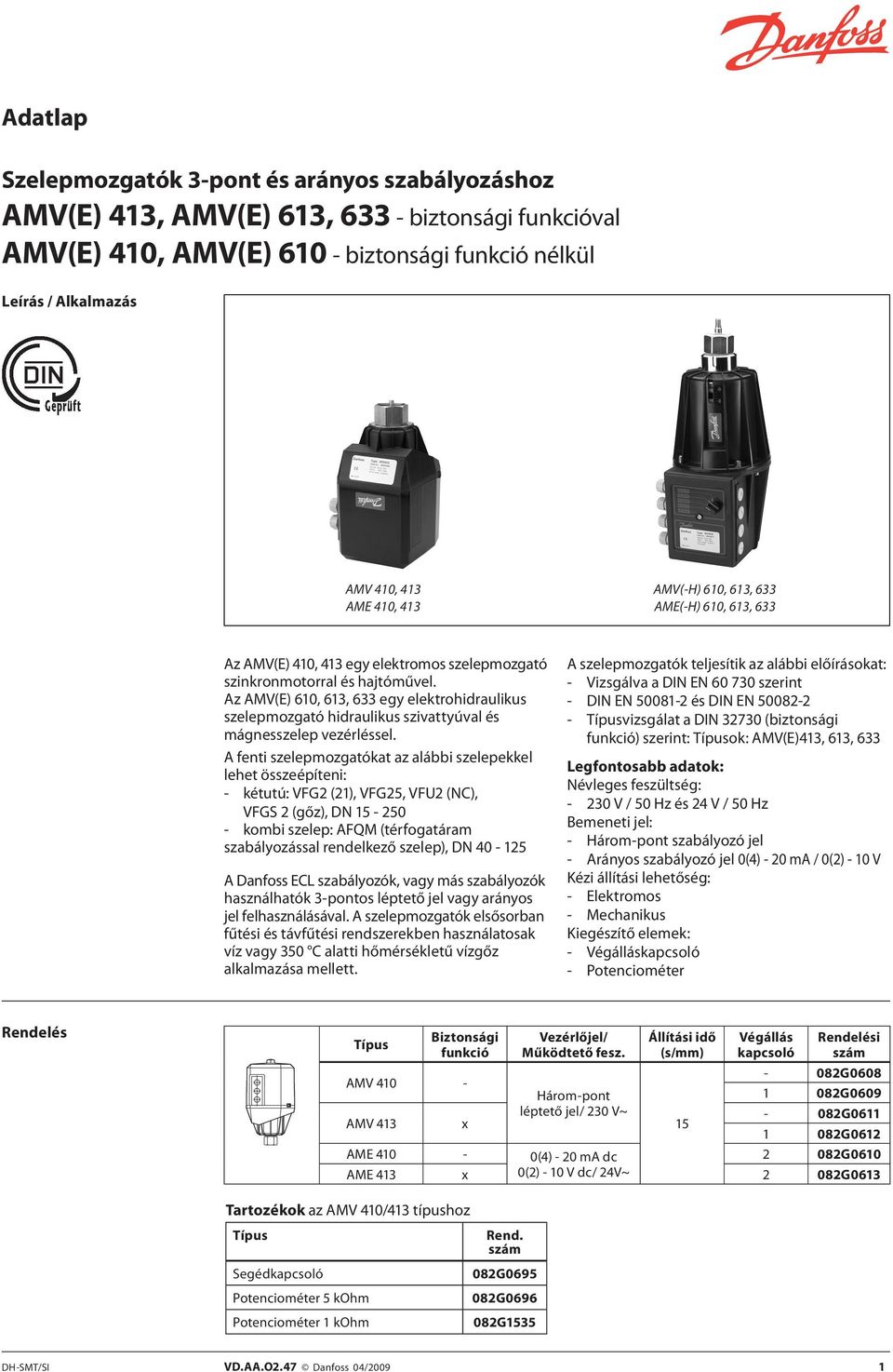 Az AMV(E) 610, 613, 633 egy elektrohidraulikus szelepmozgató hidraulikus szivattyúval és mágnesszelep vezérléssel.