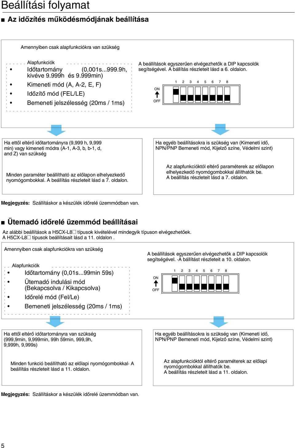 ON OFF 1 2 3 4 5 6 7 8 Ha ettõl eltérõ idõtartományra (9,999 h, 9,999 min) vagy kimeneti módra (A-1, A-3, b, b-1, d, and Z) van szükség Minden paraméter beállítható az elõlapon elhelyezkedõ