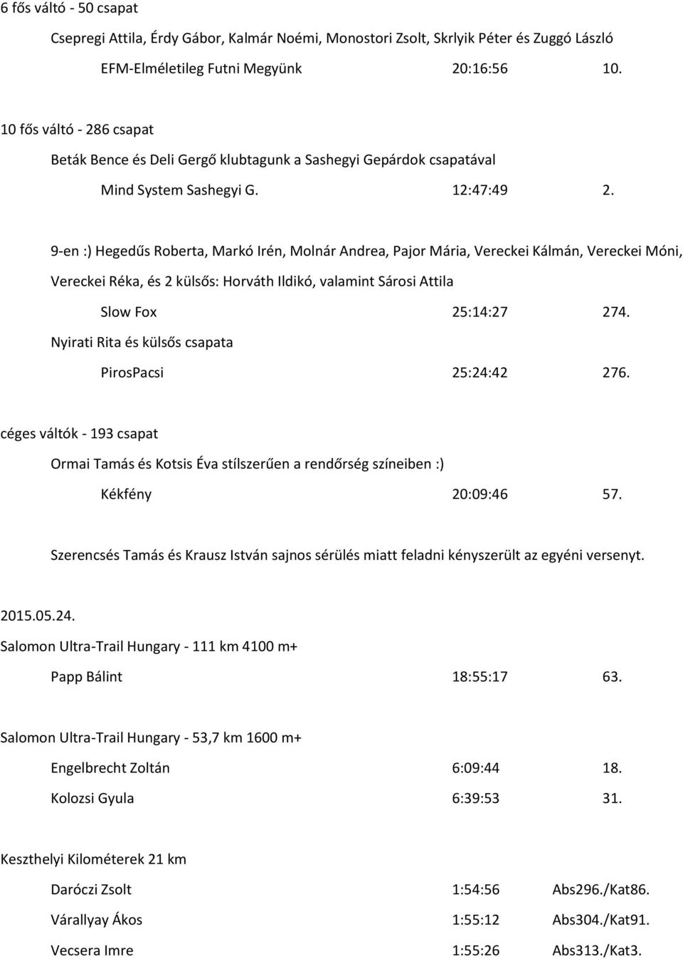 9-en :) Hegedűs Roberta, Markó Irén, Molnár Andrea, Pajor Mária, Vereckei Kálmán, Vereckei Móni, Vereckei Réka, és 2 külsős: Horváth Ildikó, valamint Sárosi Attila Slow Fox 25:14:27 274.