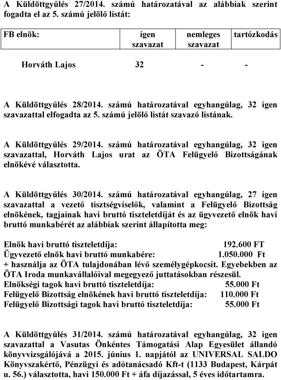 számú határozatával egyhangúlag, 32 tal, Horváth Lajos urat az ÖTA Felügyelő Bizottságának elnökévé választotta. A Küldöttgyűlés 30/2014.