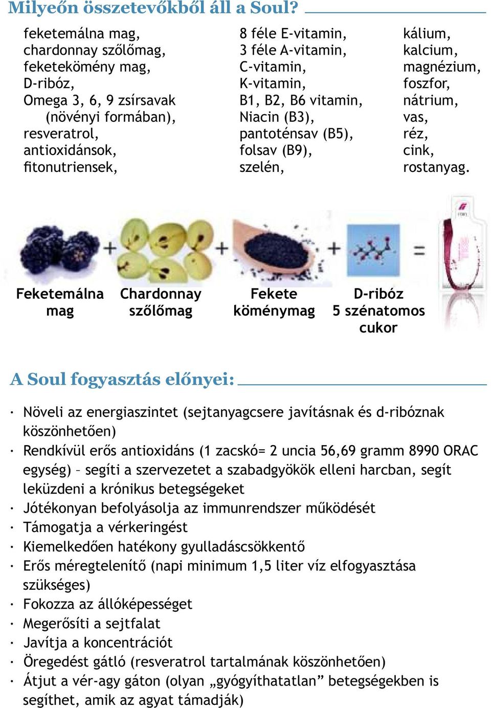 K-vitamin, B1, B2, B6 vitamin, Niacin (B3), pantoténsav (B5), folsav (B9), szelén, kálium, kalcium, magnézium, foszfor, nátrium, vas, réz, cink, rostanyag.