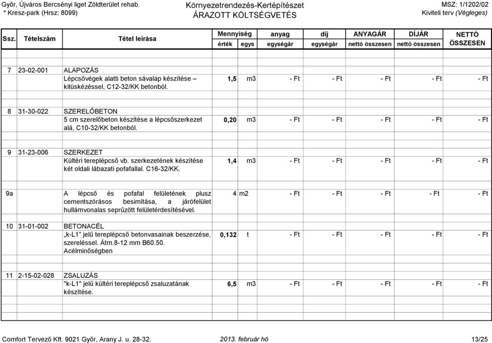 0,20 m3 - Ft - Ft - Ft - Ft - Ft 9 31-23-006 SZERKEZET Kültéri tereplépcső vb. szerkezetének készítése két oldali lábazati pofafallal. C16-32/KK.