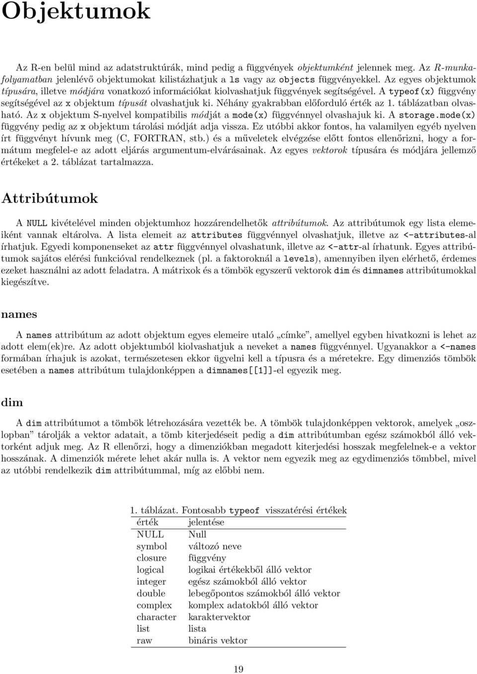 Néhány gyakrabban előforduló érték az 1. táblázatban olvasható. Az x objektum S-nyelvel kompatibilis mód ját a mode(x) függvénnyel olvashajuk ki. A storage.