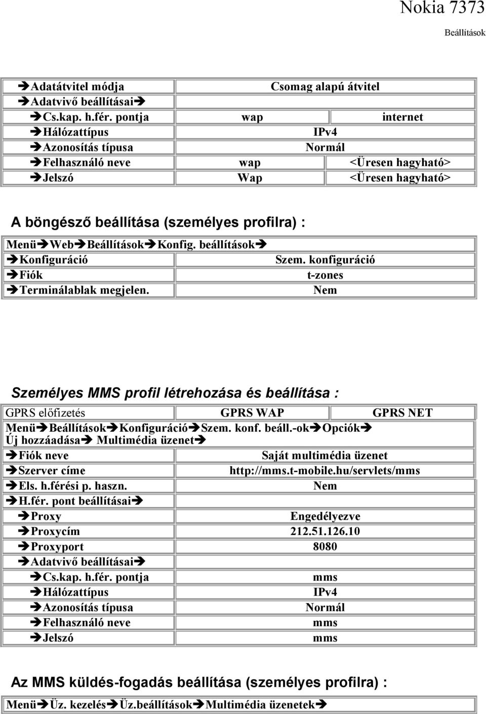 tása : Menü Konfiguráció Szem. konf. beáll.-ok Opciók Új hozzáadása Multimédia üzenet neve Saját multimédia üzenet Szerver címe http://mms.