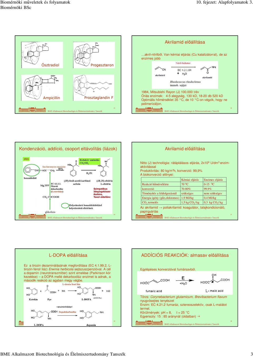 13 16 Kondenzáció, addíció, csoport eltávolítás (liázok) Akrilamid előállítása 1921 80% Szimpatikus Idegizgatószer Asztma, Taxol oldallánc 14 Nitto (J) technológia: rátáplálásos eljárás, 2x10 6 U/dm