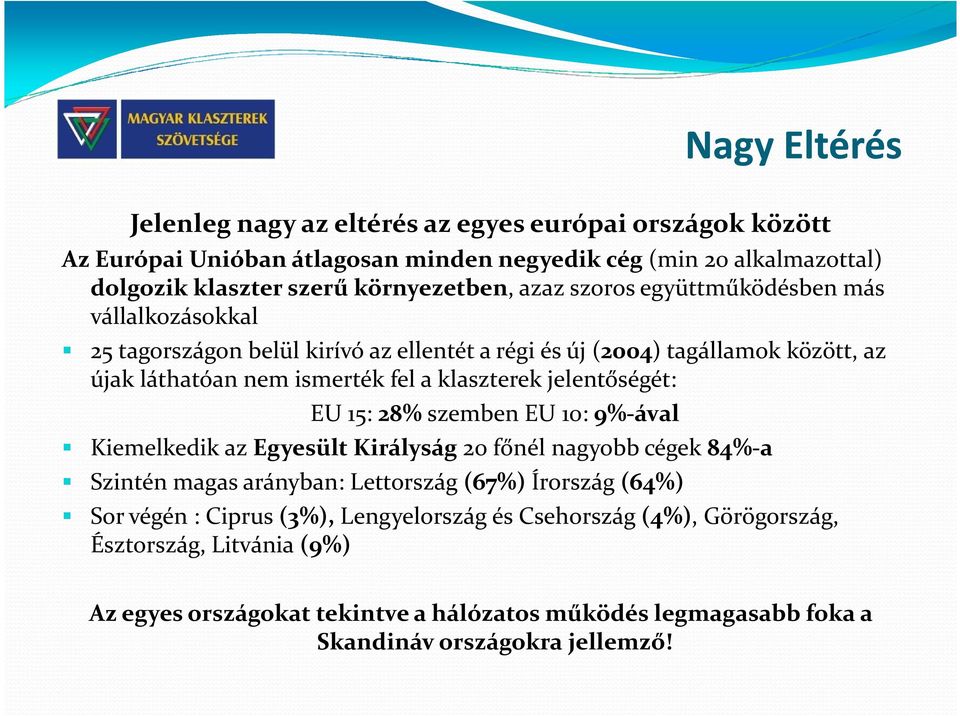 klaszterek jelentőségét: EU 15: 28%szemben EU 10:9%-ával Kiemelkedik az Egyesült Királyság 20 főnél nagyobb cégek 84%-a Szintén magas arányban: Lettország (67%) Írország (64%) Sor