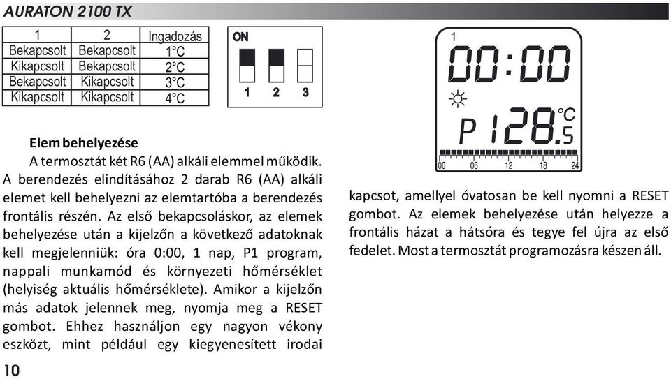 Az első bekapcsoláskor, az elemek behelyezése után a kijelzőn a következő adatoknak kell megjelenniük: óra 0:00, 1 nap, P1 program, nappali munkamód és környezeti hőmérséklet (helyiség aktuális