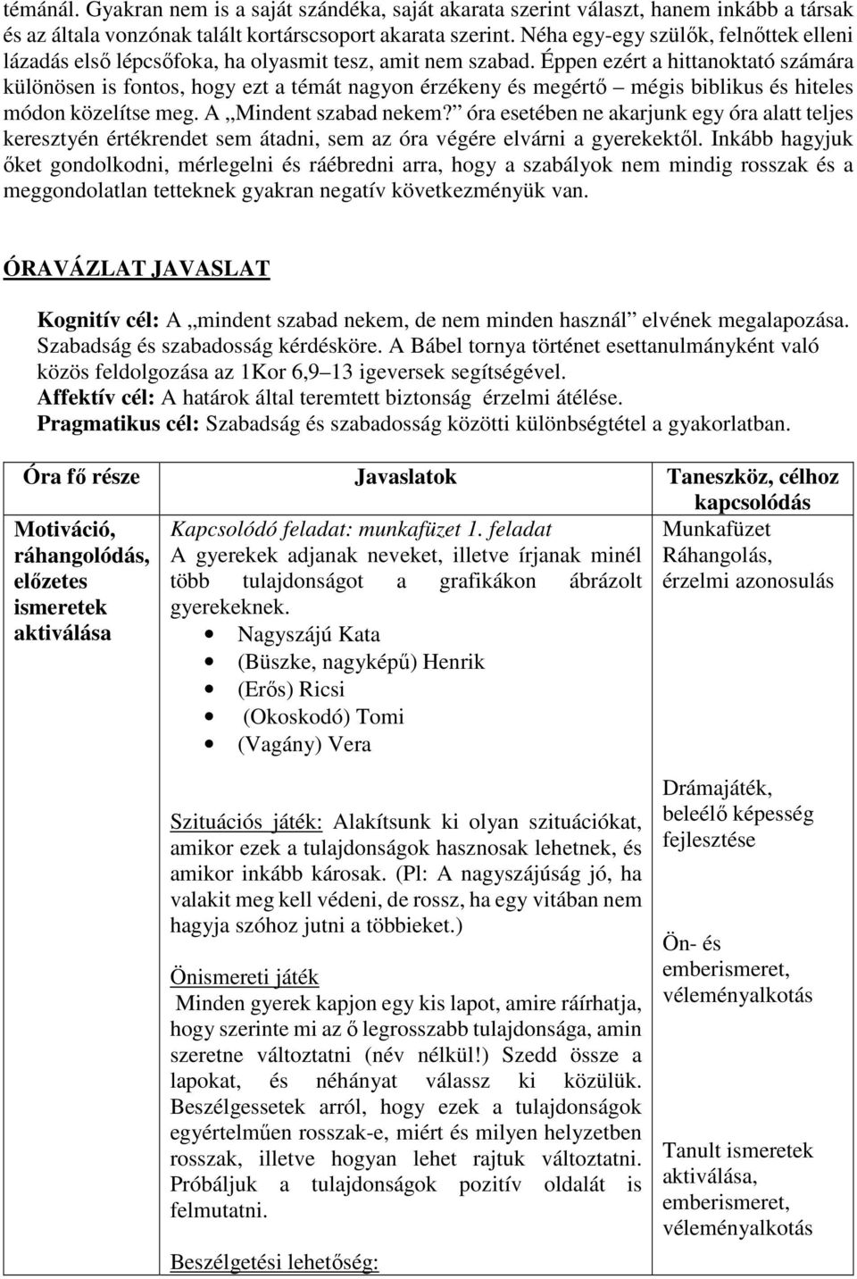 Éppen ezért a hittanoktató számára különösen is fontos, hogy ezt a témát nagyon érzékeny és megértő mégis biblikus és hiteles módon közelítse meg. A Mindent szabad nekem?