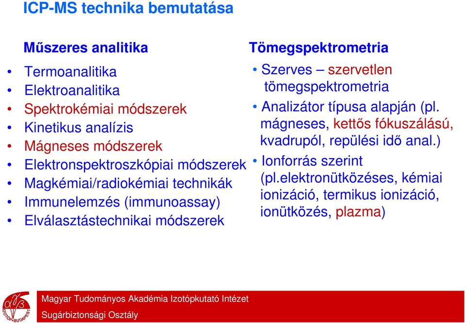 Elválasztástechnikai módszerek Tömegspektrometria Szerves szervetlen tömegspektrometria Analizátor típusa alapján (pl.