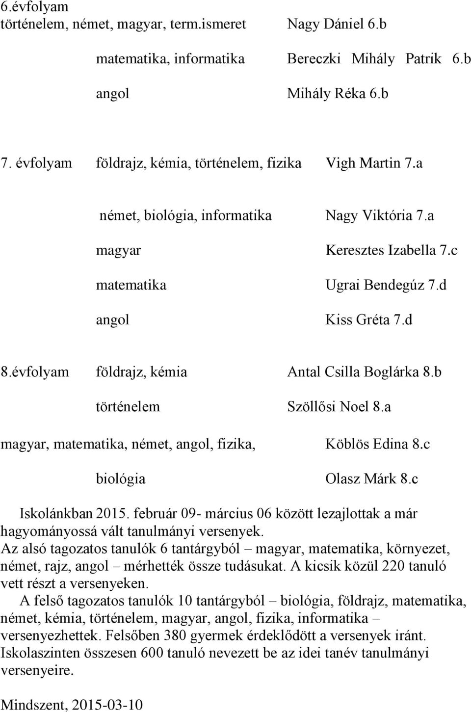 évfolyam földrajz, kémia Antal Csilla Boglárka 8.b történelem Szöllősi Noel 8.a magyar, matematika, német, angol, fizika, Köblös Edina 8.c biológia Olasz Márk 8.c Iskolánkban 2015.