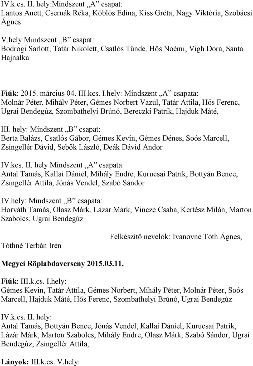 I.kcs. I.hely: Mindszent A csapata: Molnár Péter, Mihály Péter, Gémes Norbert Vazul, Tatár Attila, Hős Ferenc, Ugrai Bendegúz, Szombathelyi Brúnó, Bereczki Patrik, Hajduk Máté, III.