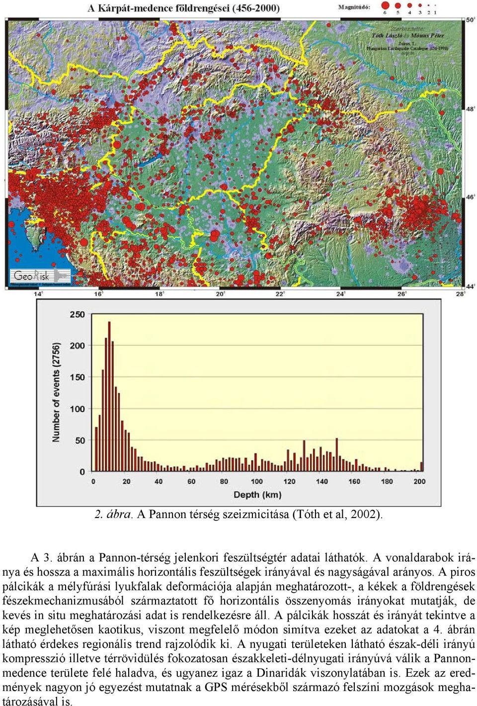 A piros pálcikák a mélyfúrási lyukfalak deformációja alapján meghatározott-, a kékek a földrengések fészekmechanizmusából származtatott fő horizontális összenyomás irányokat mutatják, de kevés in