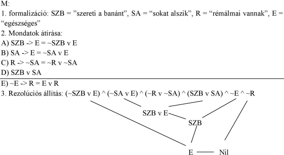 Mondatok átírása: A) SZB -> E = ~SZB v E B) SA -> E = ~SA v E C) R -> ~SA = ~R