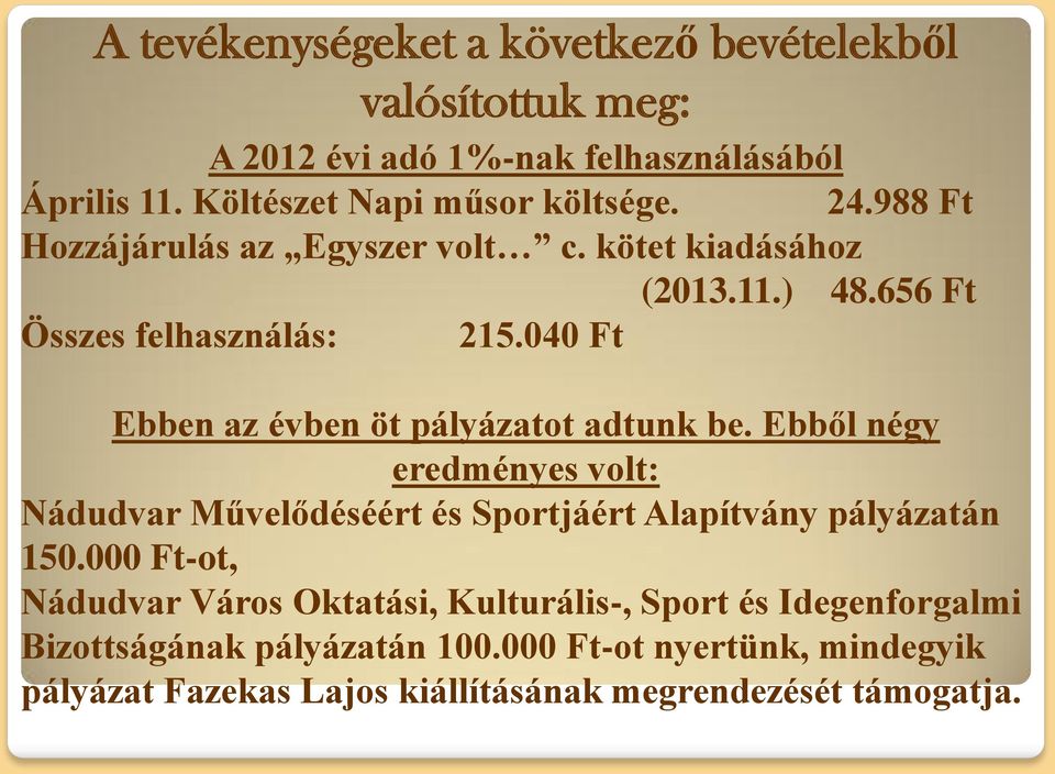 040 Ft Ebben az évben öt pályázatot adtunk be. Ebből négy eredményes volt: Nádudvar Művelődéséért és Sportjáért Alapítvány pályázatán 150.