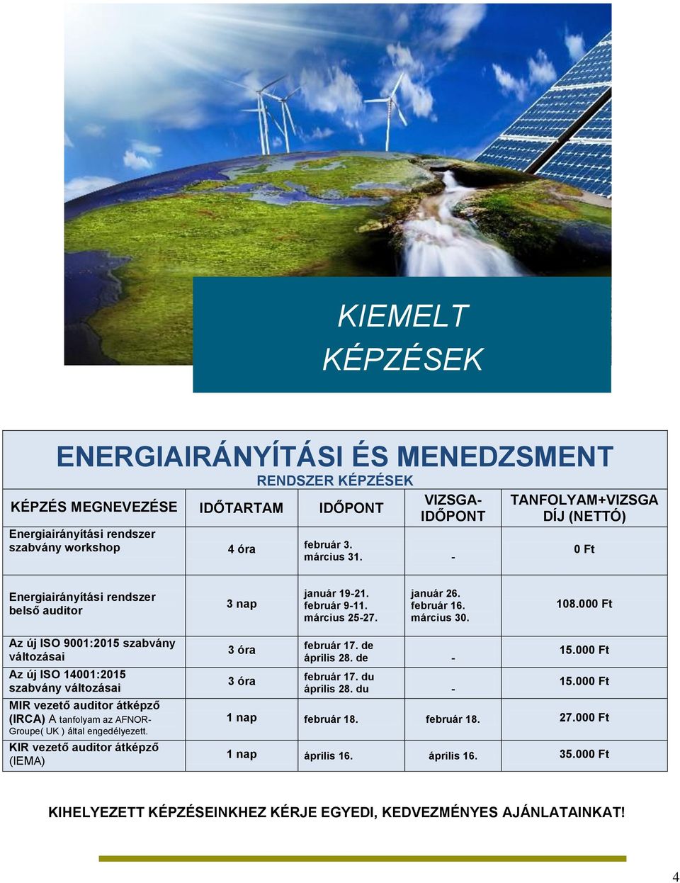 000 Ft Az új ISO 9001:2015 szabvány változásai Az új ISO 14001:2015 szabvány változásai MIR vezető auditor átképző (IRCA) A tanfolyam az AFNOR- Groupe( UK ) által