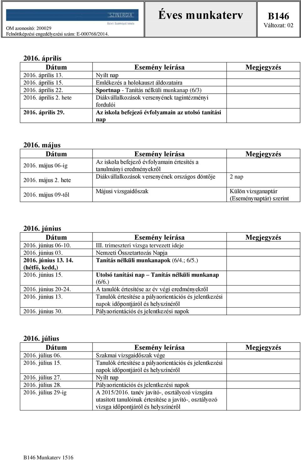 május 09-től Az iskola befejező évfolyamain értesítés a tanulmányi eredményekről Diákvállalkozások versenyének országos döntője Májusi vizsgaidőszak 2 nap Külön vizsganaptár 2016. június 2016.