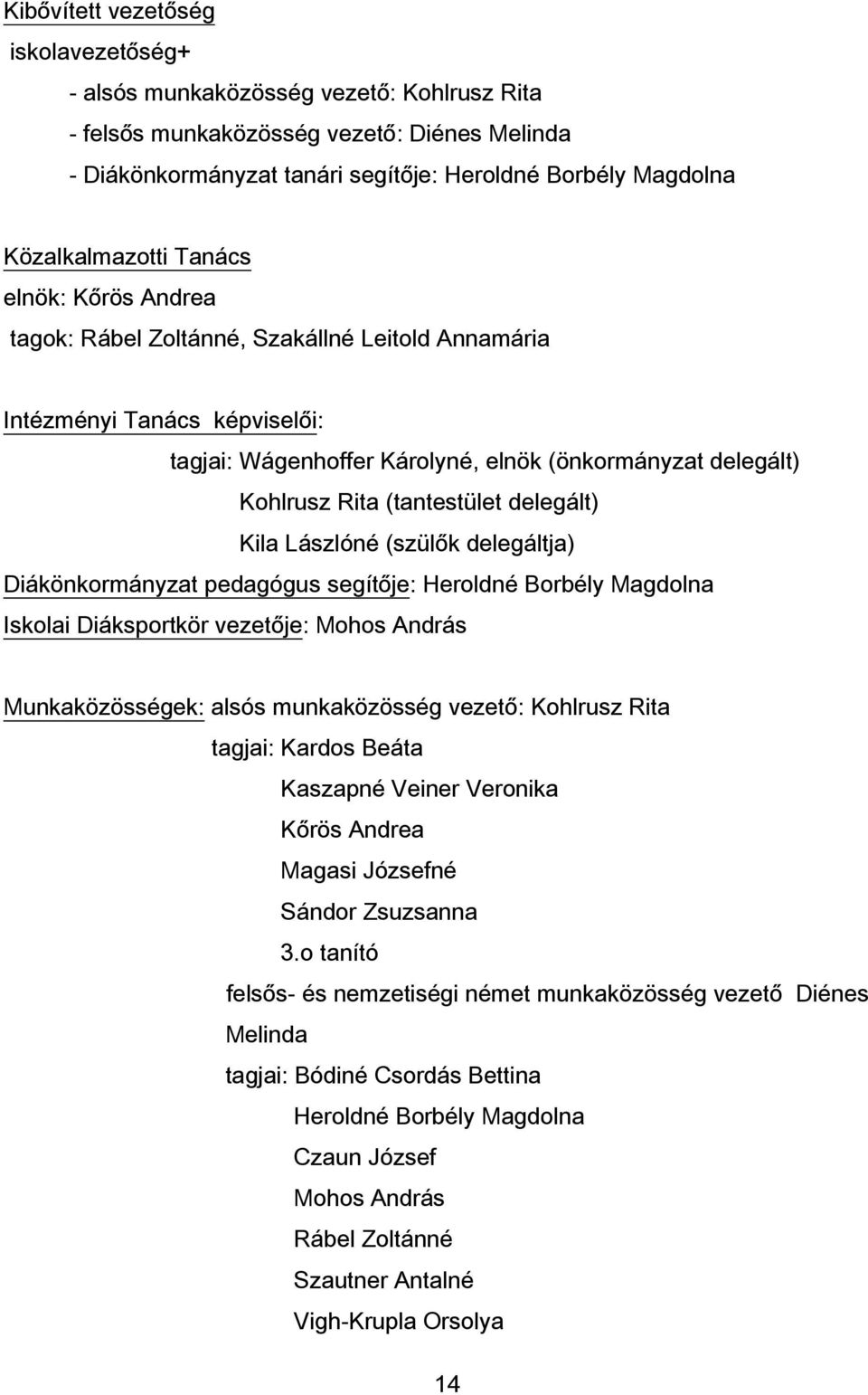 (tantestület delegált) Kila Lászlóné (szülők delegáltja) Diákönkormányzat pedagógus segítője: Heroldné Borbély Magdolna Iskolai Diáksportkör vezetője: Mohos András Munkaközösségek: alsós