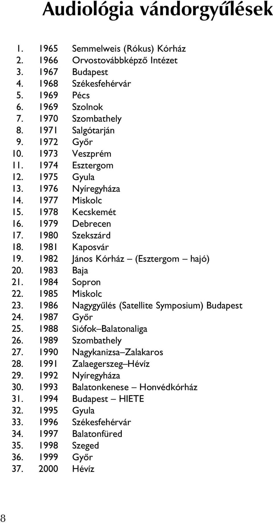 1982 János Kórház (Esztergom hajó) 20. 1983 Baja 21. 1984 Sopron 22. 1985 Miskolc 23. 1986 Nagygyûlés (Satellite Symposium) Budapest 24. 1987 Gyôr 25. 1988 Siófok Balatonaliga 26. 1989 Szombathely 27.