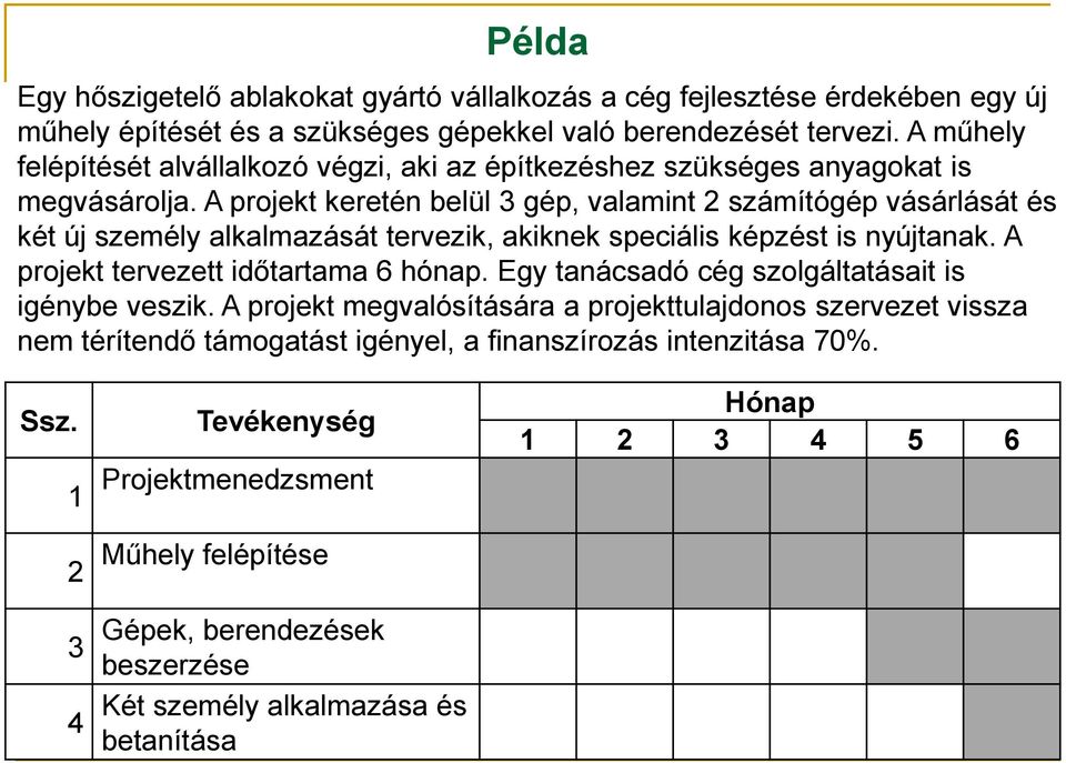 A projekt keretén belül 3 gép, valamint 2 számítógép vásárlását és két új személy alkalmazását tervezik, akiknek speciális képzést is nyújtanak. A projekt tervezett időtartama 6 hónap.