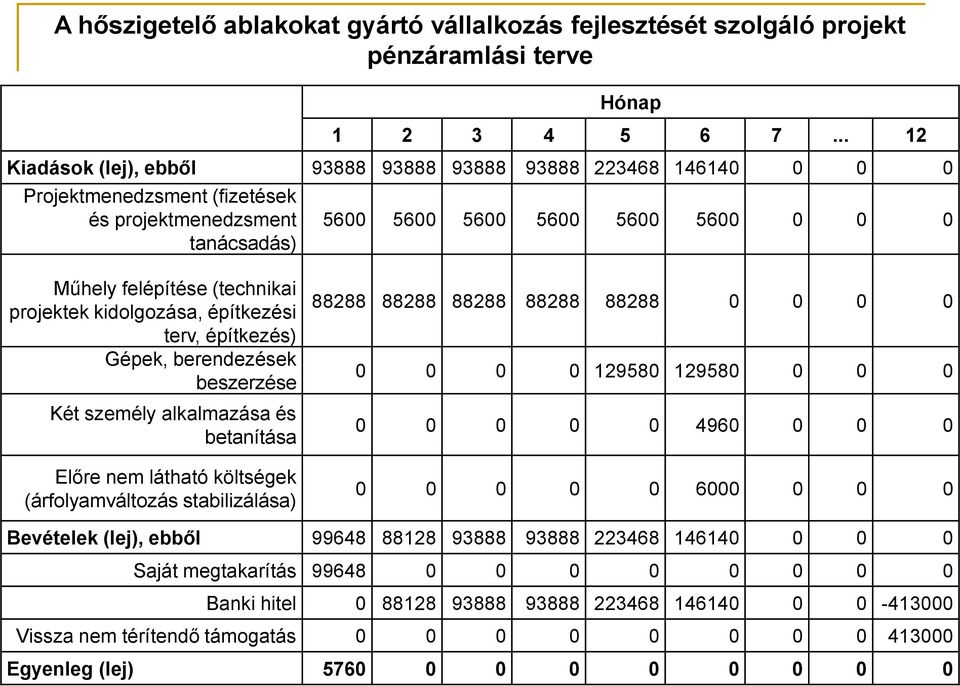 (technikai projektek kidolgozása, építkezési terv, építkezés) Gépek, berendezések beszerzése Két személy alkalmazása és betanítása Előre nem látható költségek (árfolyamváltozás stabilizálása) 88288