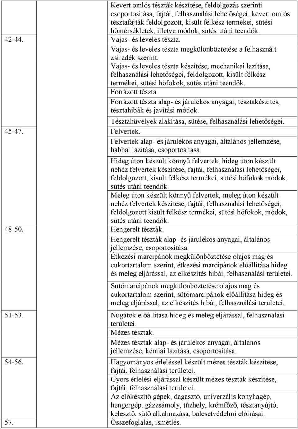 Vajas- és leveles tészta készítése, mechanikai lazítása, felhasználási lehetőségei, feldolgozott, kisült félkész termékei, sütési hőfokok, sütés utáni teendők. Forrázott tészta.