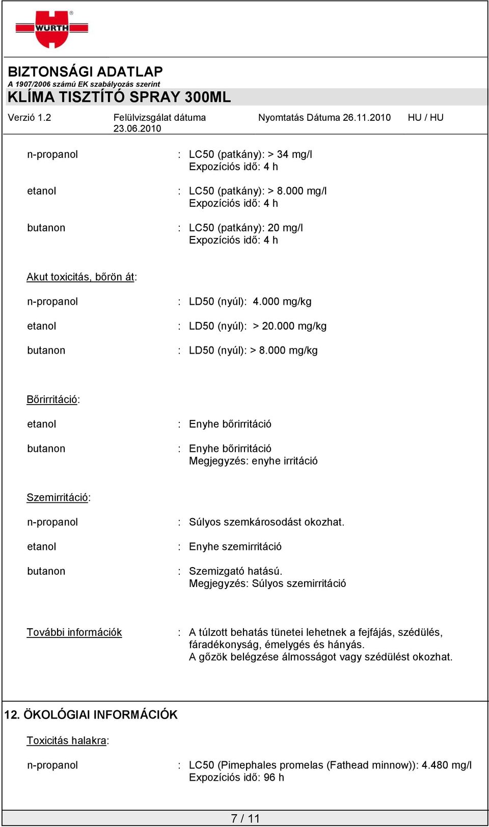 000 mg/kg Bőrirritáció: : Enyhe bőrirritáció : Enyhe bőrirritáció Megjegyzés: enyhe irritáció Szemirritáció: : Súlyos szemkárosodást okozhat. : Enyhe szemirritáció : Szemizgató hatású.