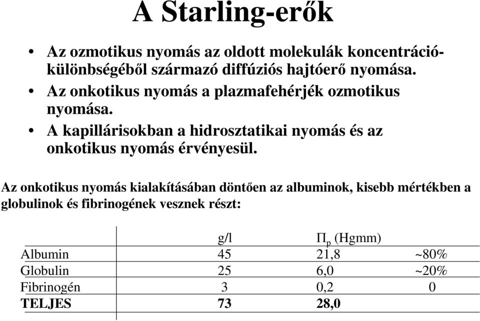 A kapillárisokban a hidrosztatikai nyomás és az onkotikus nyomás érvényesül.