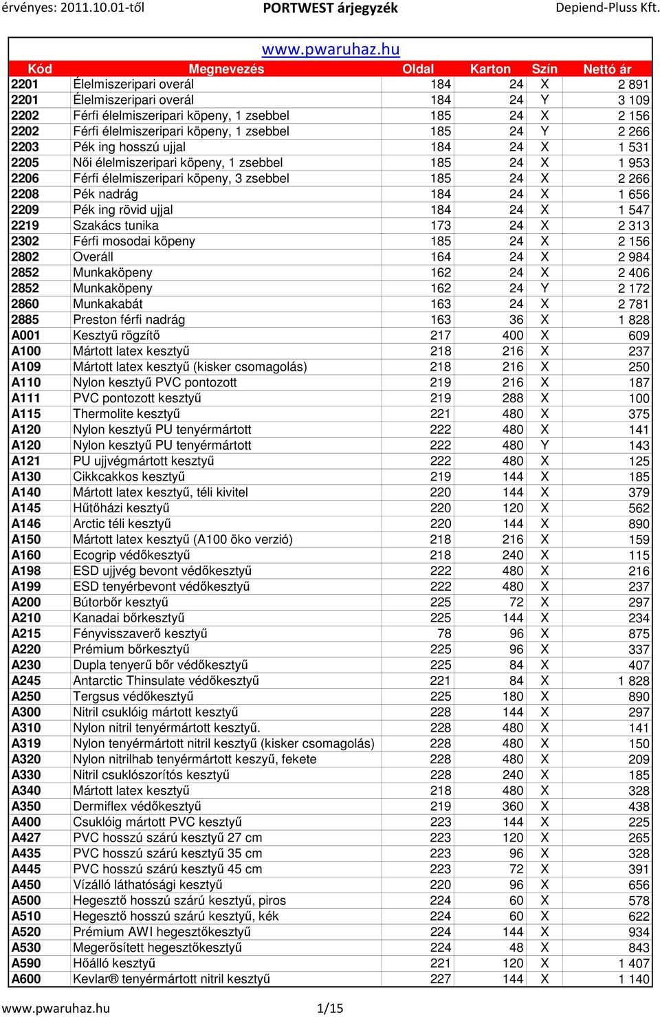 24 Y 2 266 2203 Pék ing hosszú ujjal 184 24 X 1 531 2205 Női élelmiszeripari köpeny, 1 zsebbel 185 24 X 1 953 2206 Férfi élelmiszeripari köpeny, 3 zsebbel 185 24 X 2 266 2208 Pék nadrág 184 24 X 1