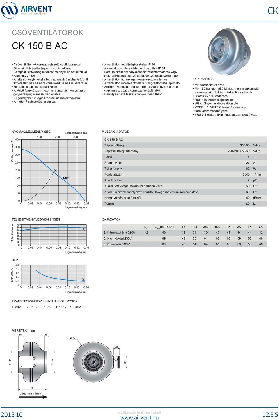 0.5 elektronikus CK 150 B AC tartomány 0.27 A 62 W 2540 1/min 2 µf 42 db(a) 3.0 kg 5.