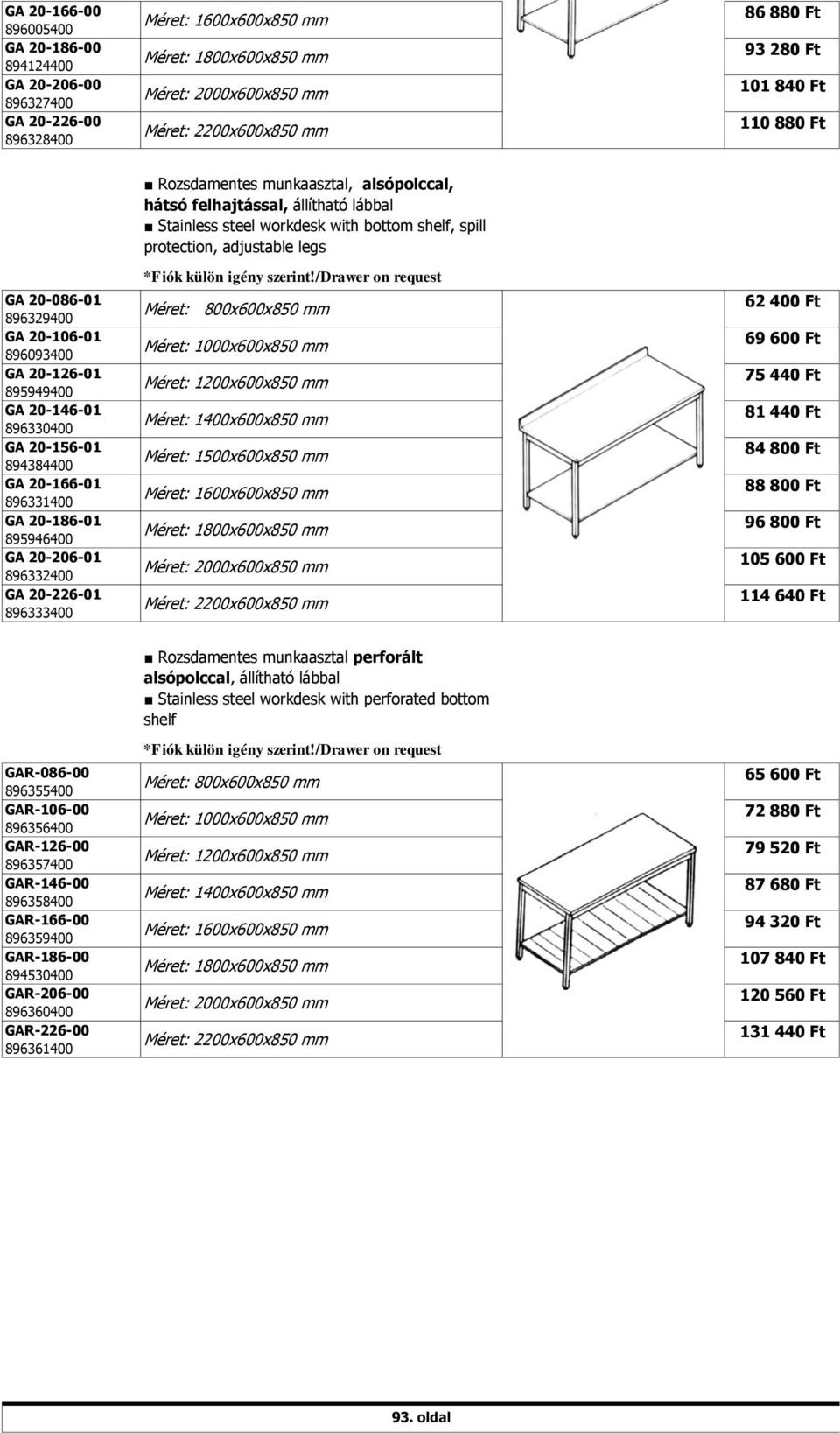 alsópolccal, hátsó felhajtással, állítható lábbal Stainless steel workdesk with bottom shelf, spill protection, adjustable legs Méret: 1500x600x850 mm Méret: 2200x600x850 mm 62 400 Ft 69 600 Ft 75