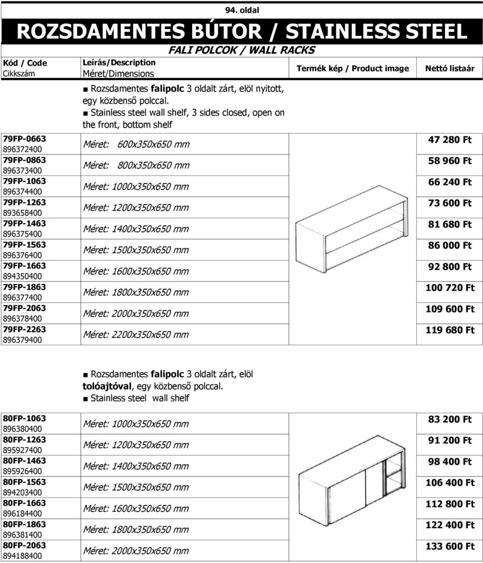 Stainless steel wall shelf, 3 sides closed, open on the front, bottom shelf Méret: 600x350x650 mm Méret: 800x350x650 mm Méret: 1000x350x650 mm Méret: 1200x350x650 mm Méret: 1400x350x650 mm Méret: