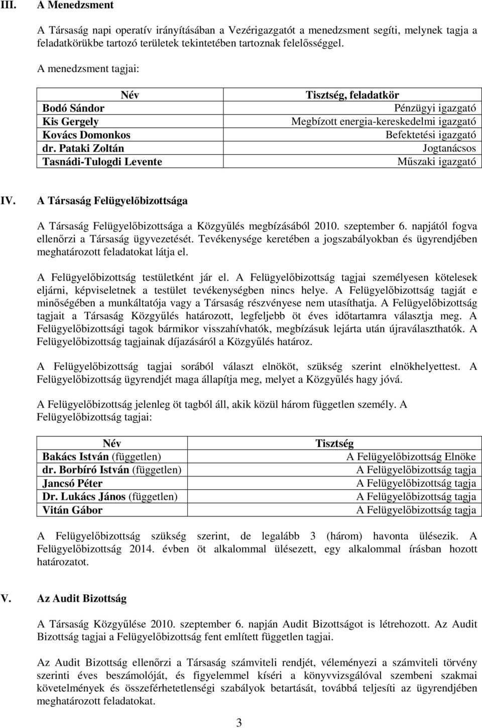 Pataki Zoltán Tasnádi-Tulogdi Levente Tisztség, feladatkör Pénzügyi igazgató Megbízott energia-kereskedelmi igazgató Befektetési igazgató Jogtanácsos Műszaki igazgató IV.