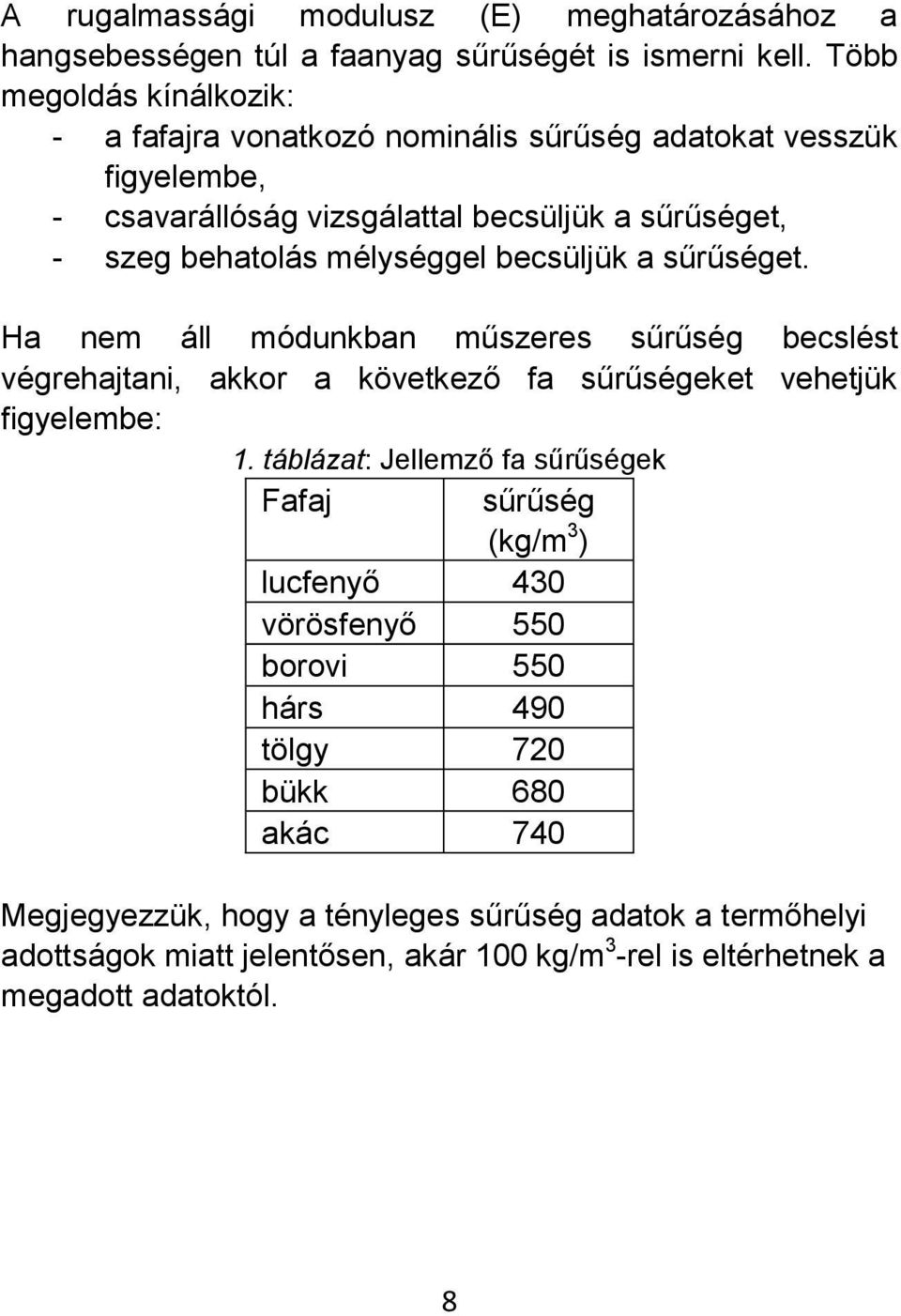 becsüljük a sűrűséget. Ha nem áll módunkban műszeres sűrűség becslést végrehajtani, akkor a következő fa sűrűségeket vehetjük figyelembe: 1.