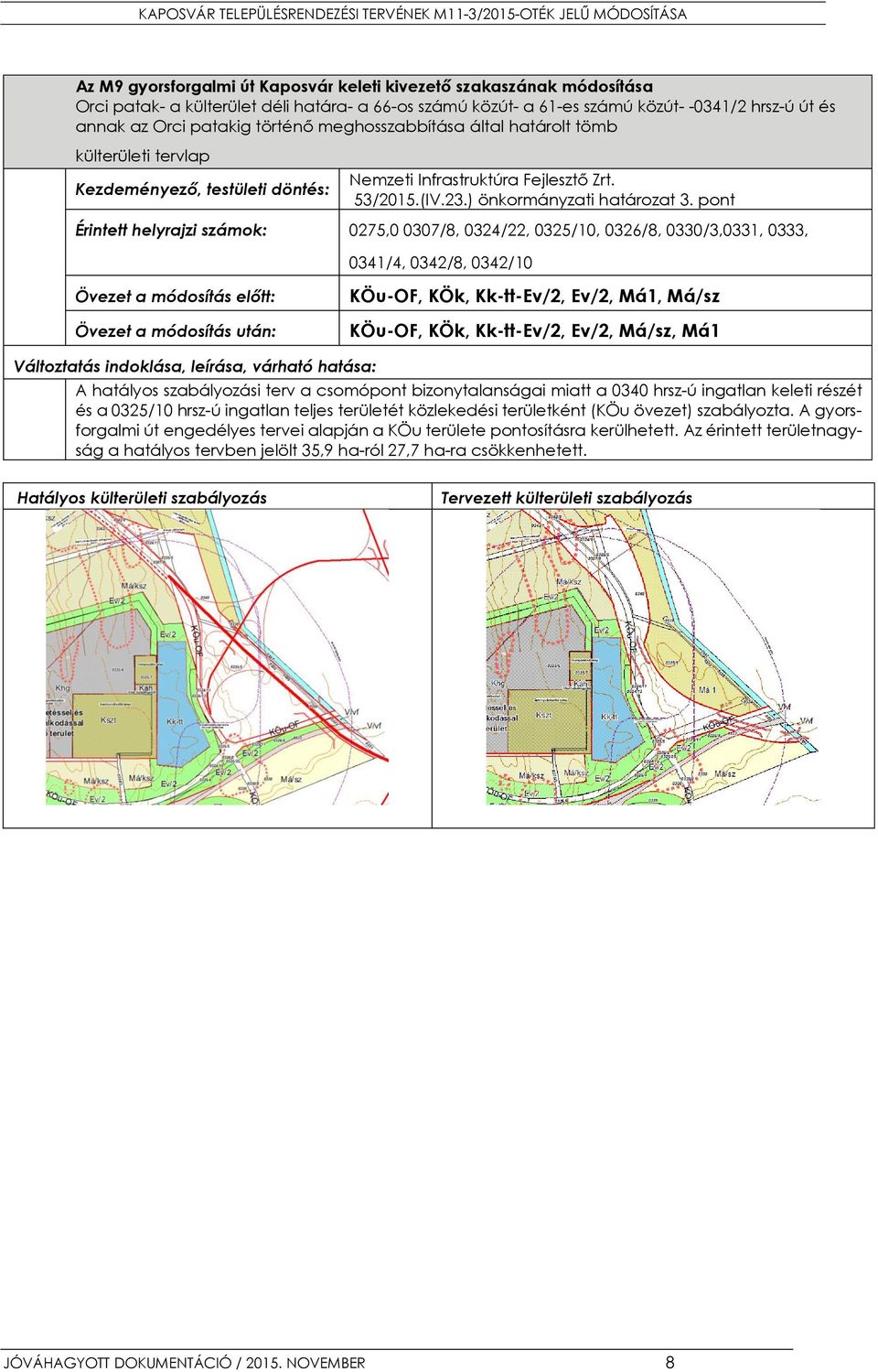 pont Érintett helyrajzi számok: 0275,0 0307/8, 0324/22, 0325/10, 0326/8, 0330/3,0331, 0333, 0341/4, 0342/8, 0342/10 Övezet a módosítás előtt: Övezet a módosítás után: KÖu-OF, KÖk, Kk-tt-Ev/2, Ev/2,