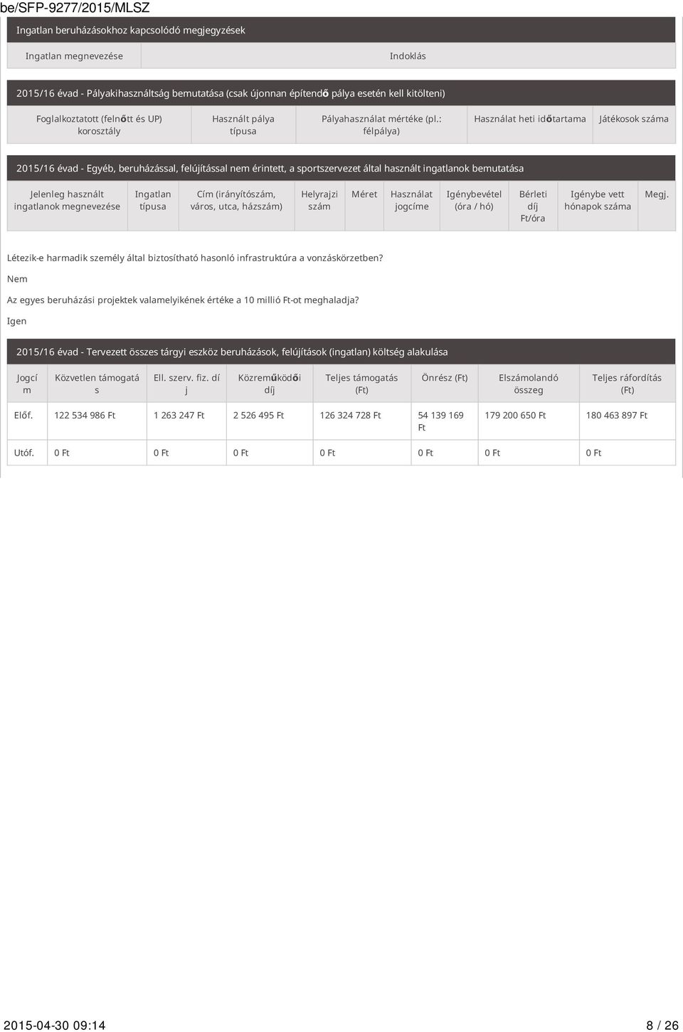 : félpálya) Használat heti időtartama Játékosok száma 2015/16 évad - Egyéb, beruházással, felújítással nem érintett, a sportszervezet által használt ingatlanok bemutatása Jelenleg használt ingatlanok