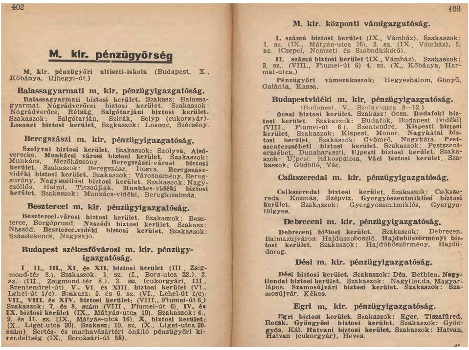 N6grádverőce, Rétság Salgótarjáni biztosi kerület Szakaszok: Salg6tarján, Szirák, Selyp (cukorgyár) Losonci biztosi kerület SZl\kaszok: Losonc, Szécsény Beregszászi m kir pénzügyigazgatóság Szolyvai