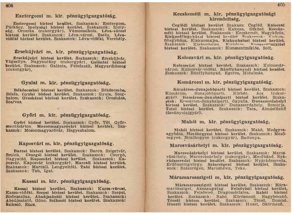 lrsekúJvárl blztosl kerület Szakaszok : ltrseklljvár Vágsellye Nagysurány (cukorgyar) Galántai biztosl kerület Szakaszok: Galánta Felsőszeli Magyardiószeg (cukorgyár) Gyulai m kir pénzügyigazgatós g