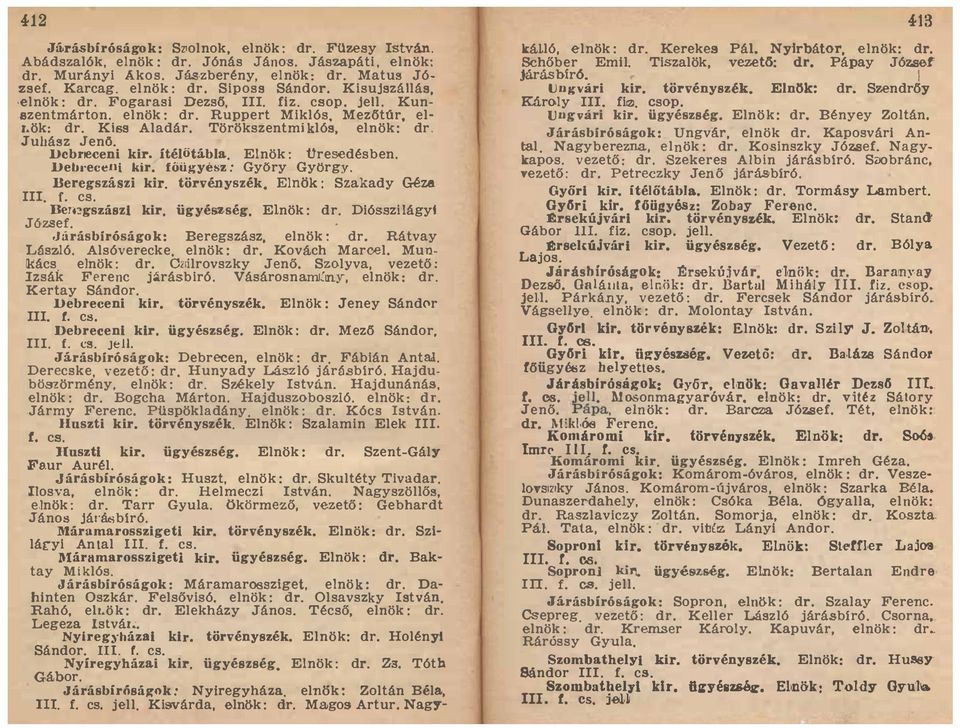 Elnök: üresedésben Debl'ecelll kir főügyész : Györy György Beregszászi kir törvényszék Elnök : Szakady <Mza III r cs nell gszászl kir, ügyészség, Elnök: dr, Diósszilágyt JÓZ'lef, Járásbíróságok: