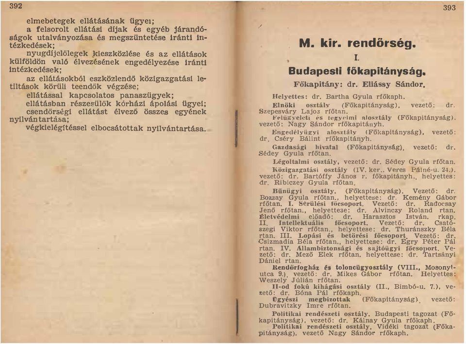 ügyei; csendőrségi ellátást élvező összes egyének nyilván tartá5a; végkielégítéssel elbocsátottak nyilvántartása I / M kir rendőrség I Budapesti fökapilányság Főlcapitány: dr Eliássy Sándor 393