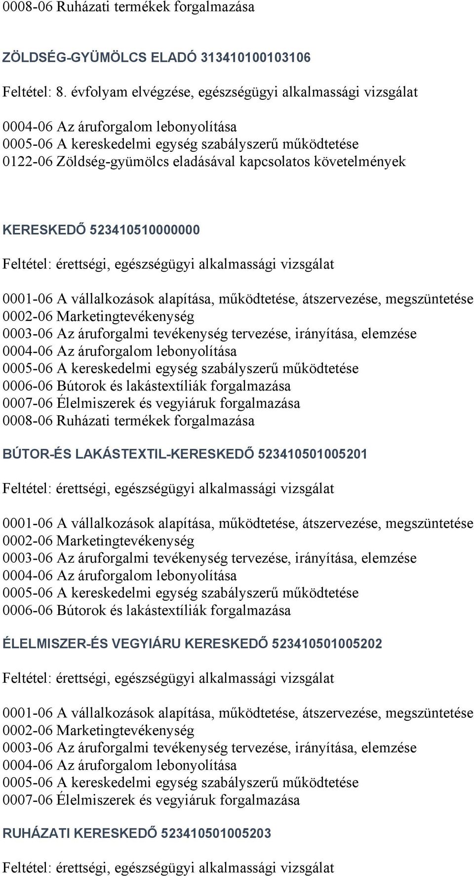 forgalmazása BÚTOR-ÉS LAKÁSTEXTIL-KERESKEDŐ 523410501005201, egészségügyi alkalmassági vizsgálat 0006-06 Bútorok és lakástextíliák forgalmazása ÉLELMISZER-ÉS VEGYIÁRU