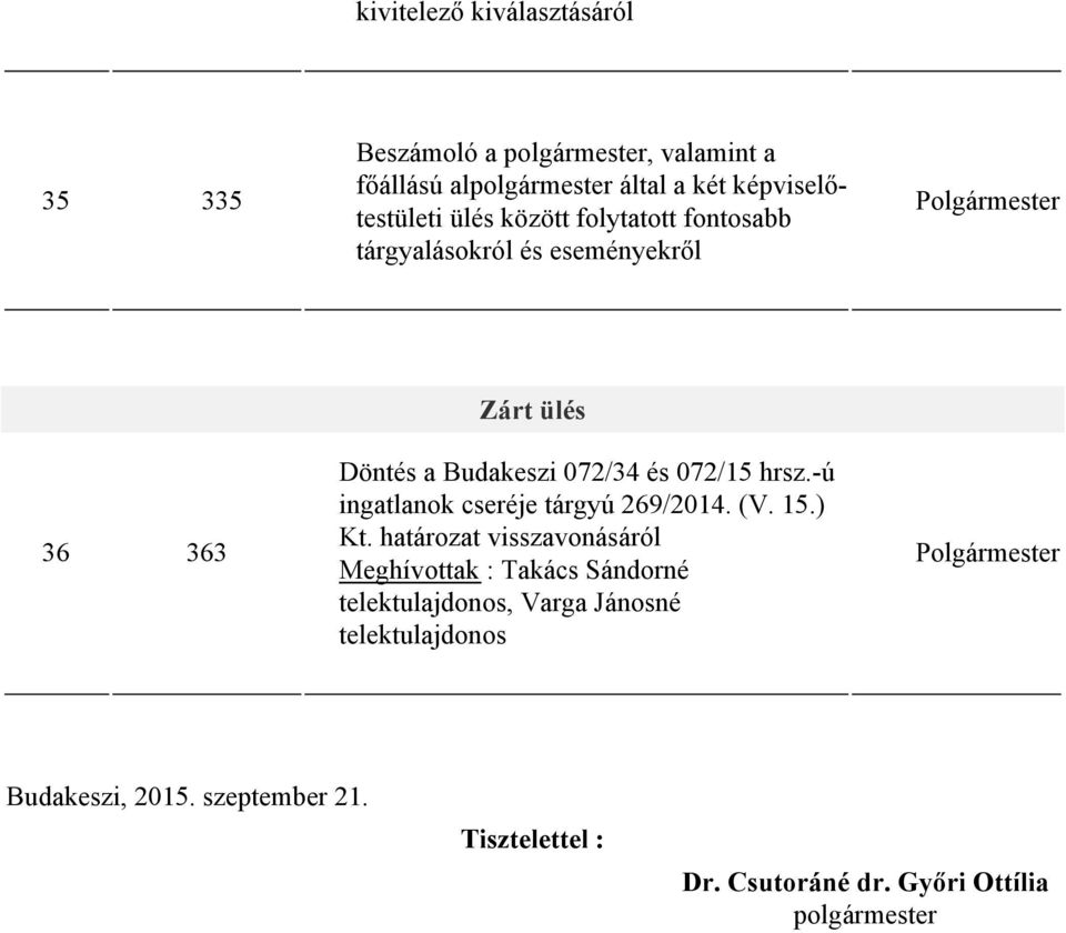 -ú ingatlanok cseréje tárgyú 269/2014. (V. 15.) Kt.