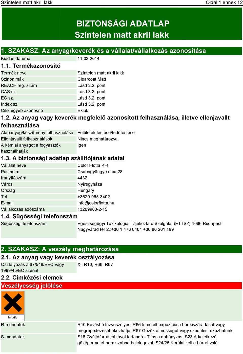 BIZTONSÁGI ADATLAP Színtelen matt akril lakk - PDF Ingyenes letöltés