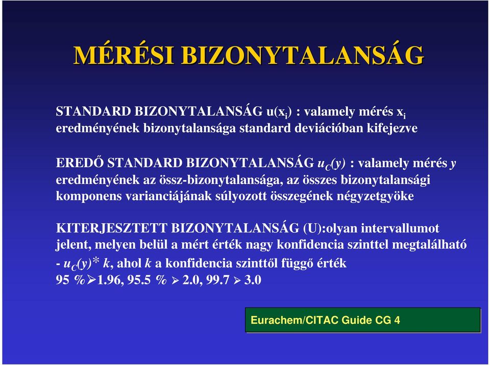 varianciájának súlyozott összegének négyzetgyöke KITERJESZTETT BIZONYTALANSÁG (U):olyan intervallumot jelent, melyen belül a mért érték