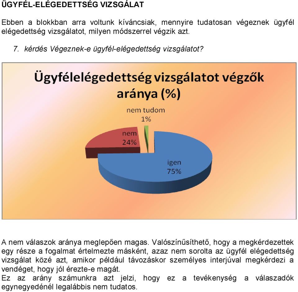 Valószínűsíthető, hogy a megkérdezettek egy része a fogalmat értelmezte másként, azaz nem sorolta az ügyfél elégedettség vizsgálat közé azt, amikor