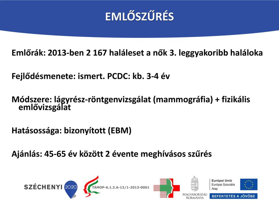 3-4 év Módszere: lágyrész-röntgenvizsgálat (mammográfia) + fizikális