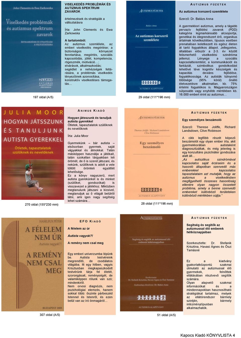 azonosítása, konstruktív viselkedéses támogatás 197 oldal (A/5) 29 oldal (111*196 mm) Az autizmus korszerű szemlélete Szerző: Dr.