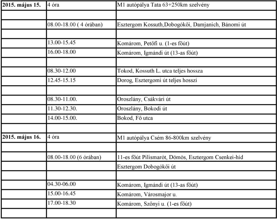 15 Dorog, Esztergomi út teljes hosszí 2015. május 16. 4 óra M1 autópálya Csém 86-800km szelvény 08.00-18.