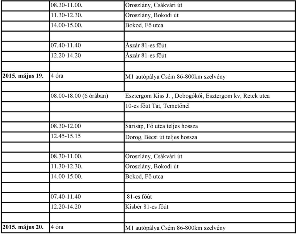 , Dobogókői, Esztergom kv, Retek utca 10-es főút Tát, Temetőnél 08.30-12.