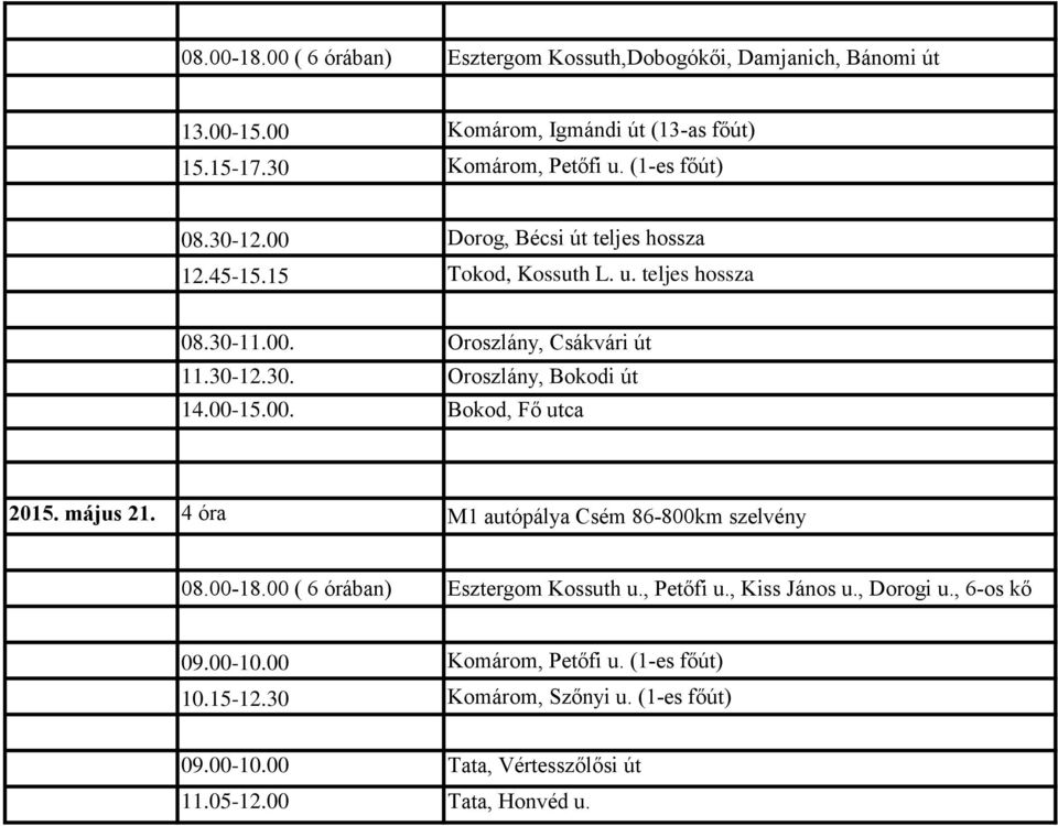 május 21. 4 óra M1 autópálya Csém 86-800km szelvény 08.00-18.00 ( 6 órában) Esztergom Kossuth u., Petőfi u., Kiss János u., Dorogi u.